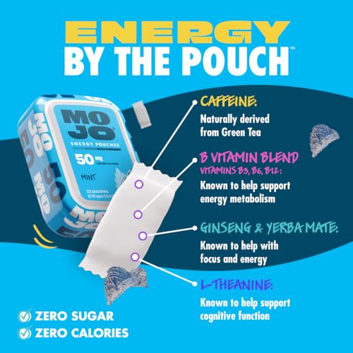Image of MOJO Caffeine Pouches with Naturally Derived Caffeine from Green Tea, Ginseng, Yerba Mate, L-Theanine & B-Vitamins | Nicotine-Free | Zero Sugar | 50mg Caffeine | Mint