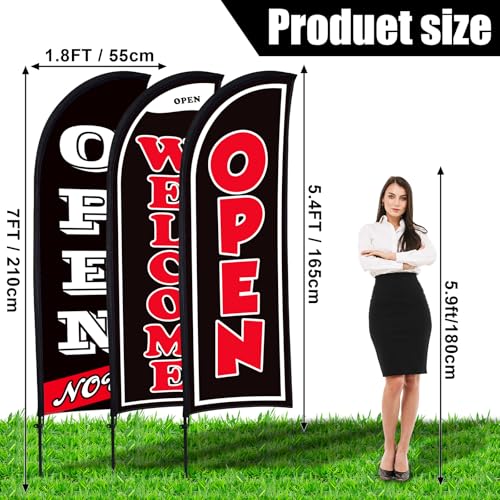 Image of Buryeah 3 Sets Now Open Feather Flag Banner for Business Advertising 7 Feet Tall Grand Opening Feather Flag Sign with Fiberglass Pole Kit Rotating Ground Spike and Portable Bag (Black)