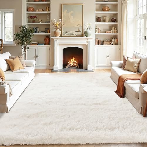 Tapete blanco peludo suave 5x7 para dormitorio