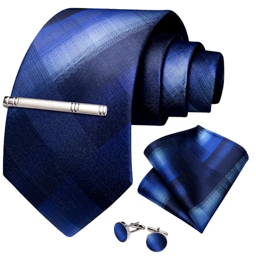 Image of DiBanGu Mens Silk Plaid Tie and Pocket Square Set | Elegant Silk Formal Tie Set, Woven Check Necktie and Cufflinks Tie Clip Set, Perfect for Wedding Party, Comes in Gift Box