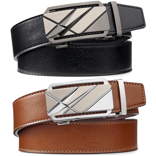 Image of 2 Pack Ratchet Belt 1 3 /8 inch, Mens leather Dress Belt in Gift Set Size 28 inch-62 inch Adjustable waist Trim to Fit