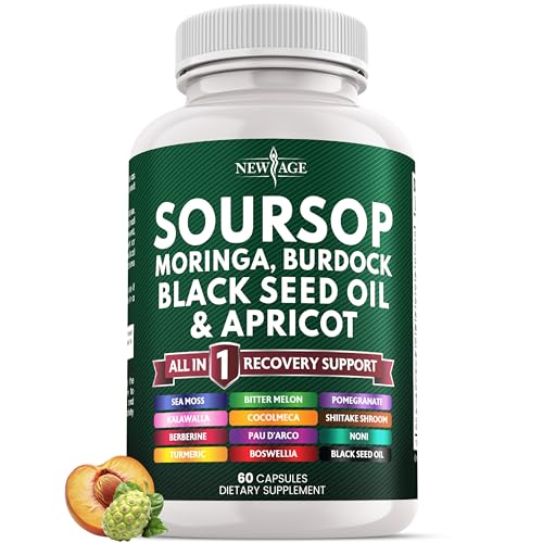 Image of NEW AGE Soursop Supplement - Moringa, Sea Moss, Black Seed Oil, Berberine, Turmeric, Apricot, Quercetin, Greens, Bitters, Boswellia, Bitter Melon, Burdock Root - 60 Capsules