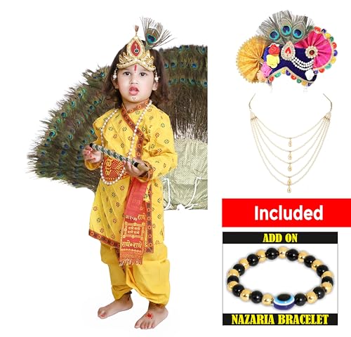 Image of Krishna Dress for Kids, Baby Krishna Dress for Janmashtami with Krishna Mukut, Peacock Feather & Flute Embroidered Krishna Costume for Girl & Boy, 3 Months-8 Years