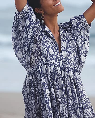 Image of Boho Dresses for Women Floral V Neck Puff SLVS Babydoll Short Beach Dress