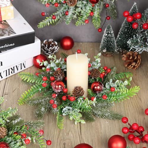 Image of 6 Pcs Christmas Candle Rings Wreaths Artificial Snowy Pine Cedar Red Berry Clusters Candle Rings Wreaths Mini Christmas Balls Wreath for Xmas Winter Front Door Window Decorations
