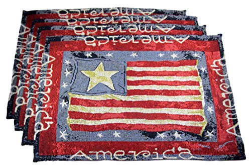 Woven Tapestry Patriotic Home American Flag Place Mats - Set of 4 (Flag in The Middle)