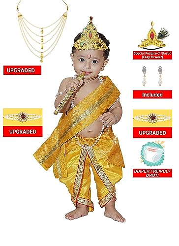 Image of Raj Fancy Dresses Shri Krishna Dress for Baby Boy & Girl, Janmashtmi Dress with Diaper-friendly Dhoti & Dupatta, Mor Pankh Mukut,RFD-BKP- 4, 3-Months