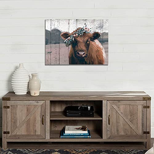 Vintage Farmhouse Cow Wall Decor, Retro Highland Cow Wall Art, Rustic Canvas Print Painting For Home Decorative (Brown, 12X16Inch) #TOP3