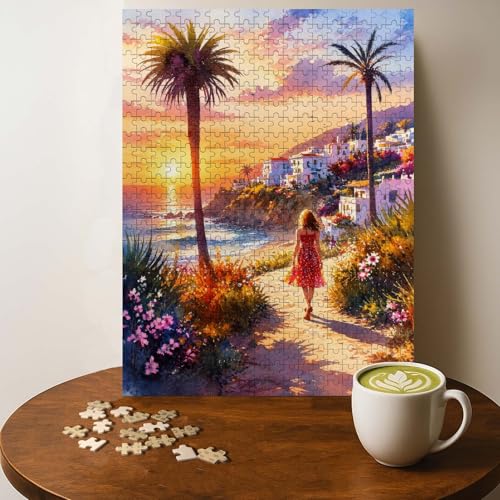 California Sunset Watercolor Jigsaw Puzzle - 500 Pieces Wooden Puzzle for Adults, Wall Art Gift, Finished Size: 20 x 15 Inch
