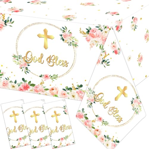3Pcs God Bless Baptism Tablecloth First Communion Tablecloth Mi Bautizo Christening Table Covers Pink Cross Religious Table Cloth for Newborn Baby Shower Christening Party Supplies