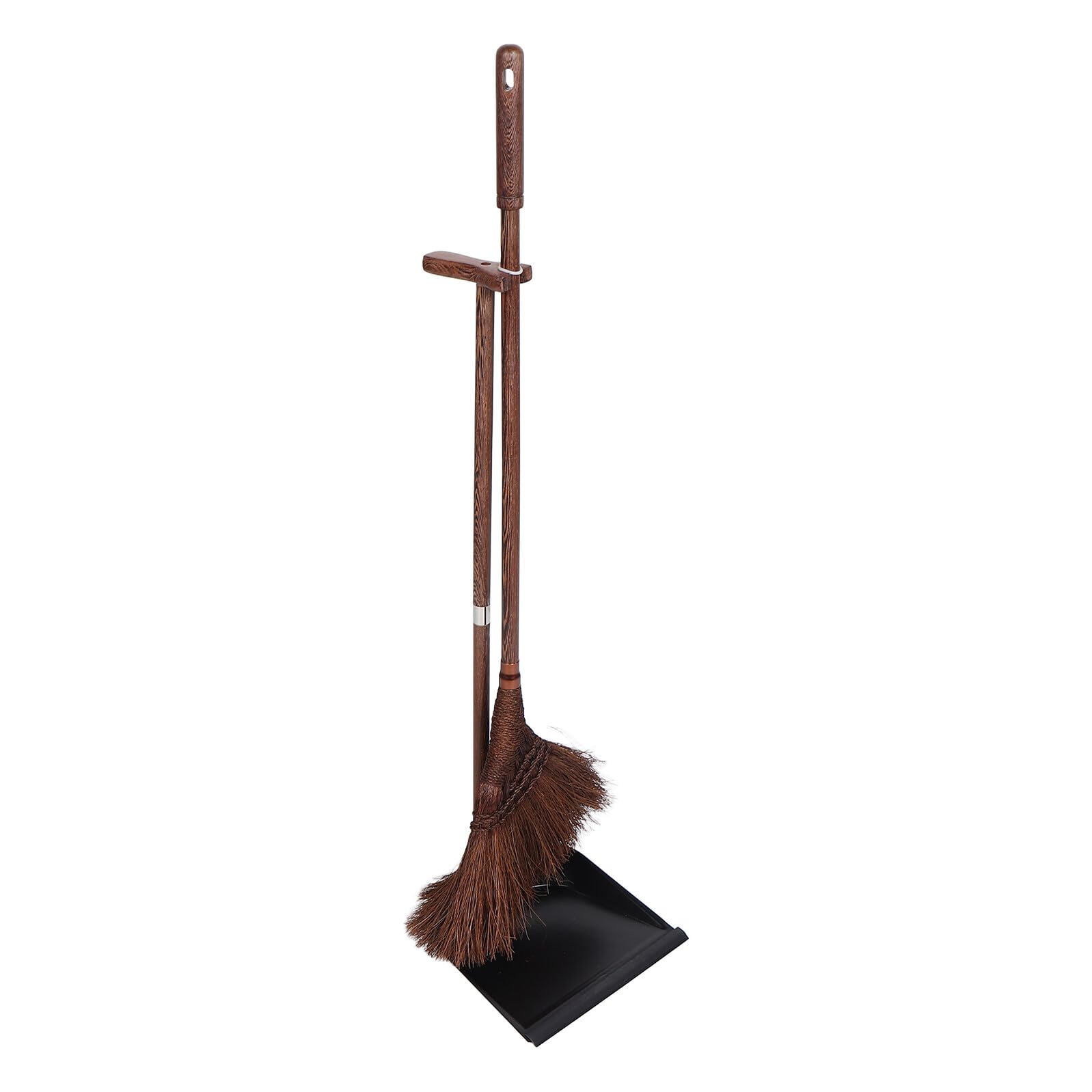 Juego de Escoba y Recogedor de Madera Café para Limpieza Interior | Cerdas Suaves de Palma, Resistente a Deformación, Antiestático, para Dormitorios y Recogida de Pelo