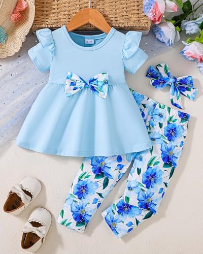 Image of Doresbebe Baby Girl Clothes Toddler Girl Outfits Infant Girl Summer Clothes for Girl Ruffle Shirt Pants+Cute Headband 3PCS