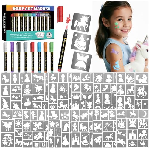 Unicorn Temporary Tattoo Markers for Kids, 8 Metallic Markers and 136+ Temporary Tattoo Stencil Designs for Christmas Favor, Cosmetic Tattoos Pens for Boys and Girls