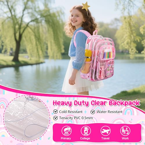 Image of Clear Backpack for School, 17 inch Heavy Duty PVC Transparent Bag, Cute See Through Bookbag with Pencil Case for Stadium Approved Women Girls Teens