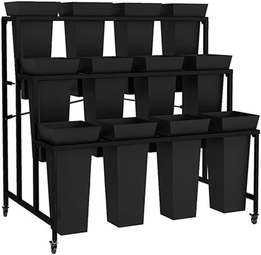 3 Tier Flower Pot Holder nizer Rack with 12 Plastic Square Buckets and Wheels Iron Plant Stand with Black Stand and Buckets for Flower Display and Storage.