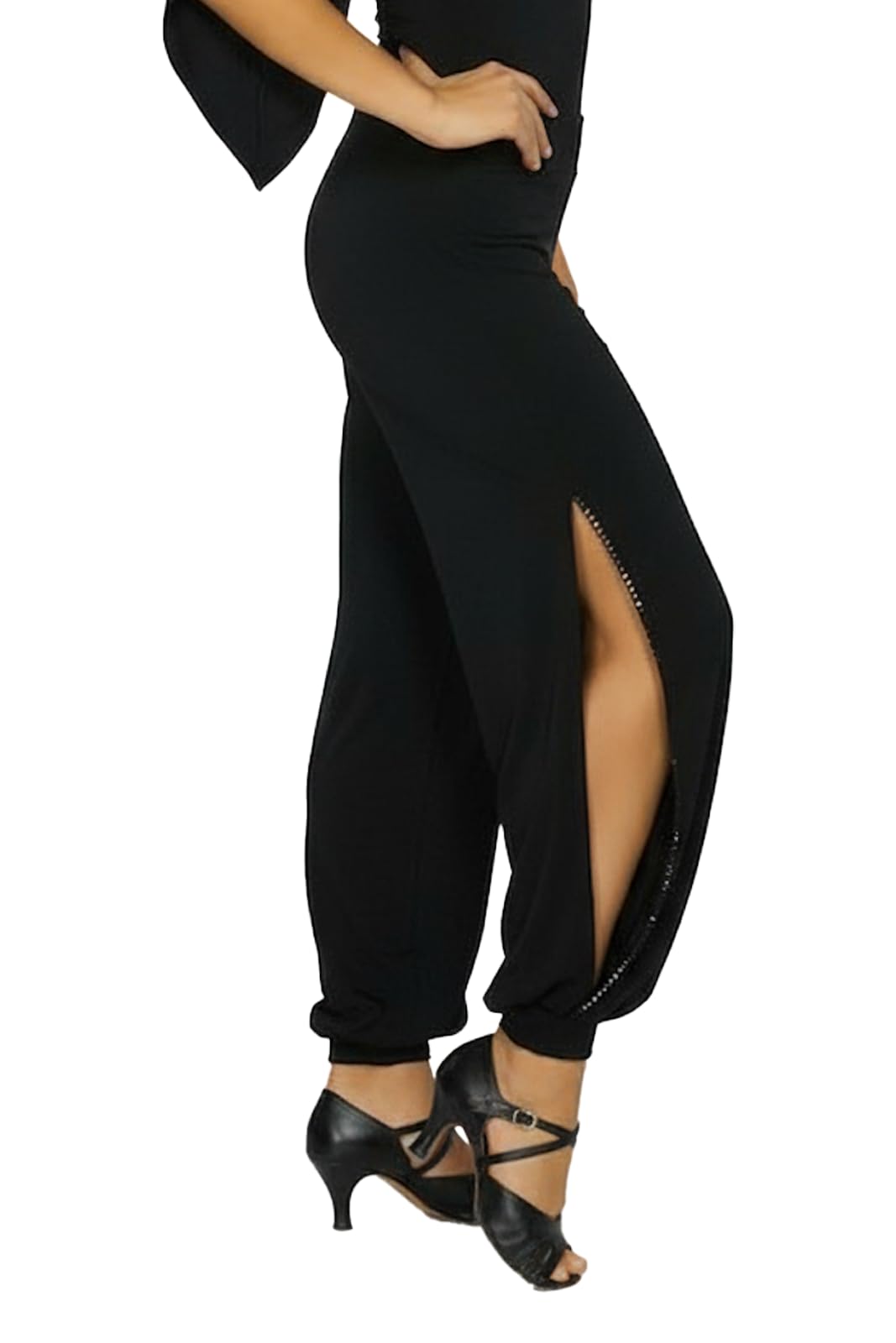 Damen Hose mit seitlicher Öffnung mit Pailiettenband verziehrt Fuer Tango und Latin, schwarz