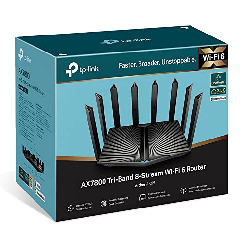 Image of TP-Link AX7800 Tri-Band Gigabit 8-Stream Wi-Fi 6 Router, 7800 Mbps, 1x2.5 Gbps+4x1 Gbps Ports, 1.7 GHz Quad-Core CPU, USB 3.0+2.0, Ideal for Gaming Xbox /PS4 /Steam&4K /8K, OneMesh (Archer AX95)