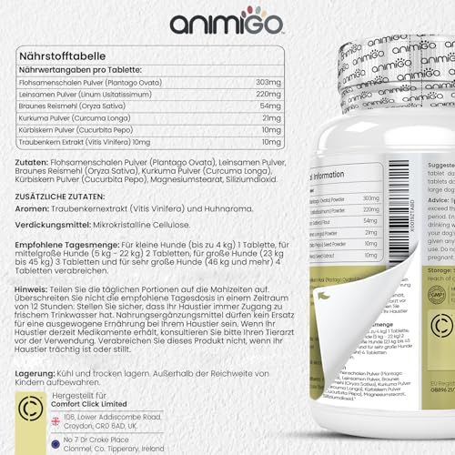 animigo Allergiehilfe für Hunde - 120 Allergie Tabletten für Haut-, Umwelt- & Nahrungsmittelallergien - Mit Kurkuma, Flohsamenschalen, Leinsamen, Traubenkernextrakt, Kürbiskern, Mit Huhn Geschmack
