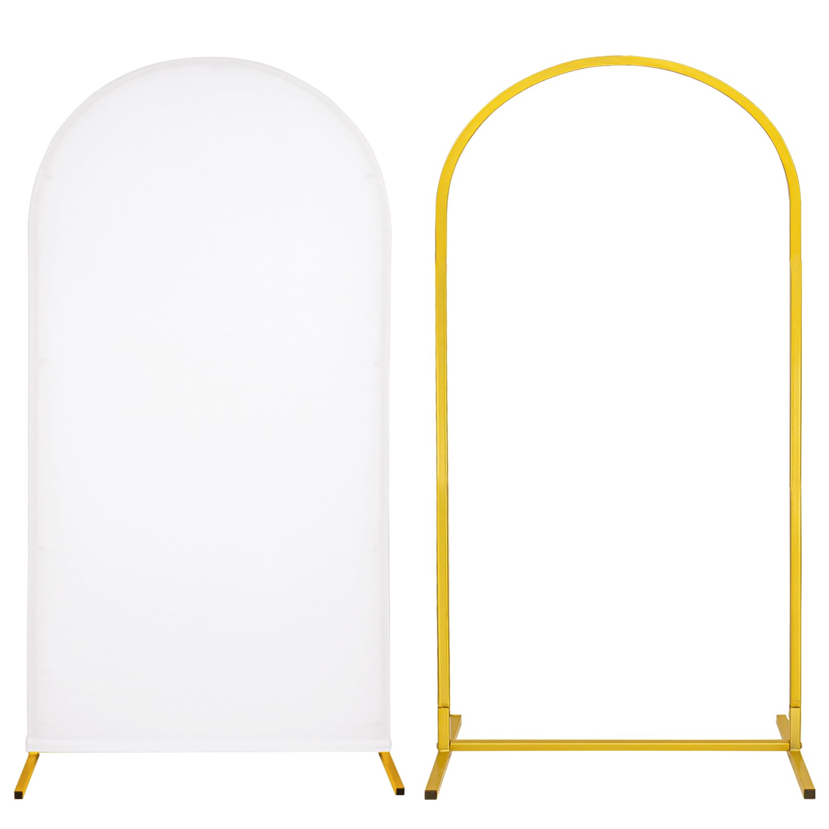 Metal Arch Stand and Cover Set,1 White Spandex Fitted Backdrop with 1 Gold Wedding Arched Stand Frame for Parties Birthday Baby Shower Bridal Banquet Decoration (6.6FT)
