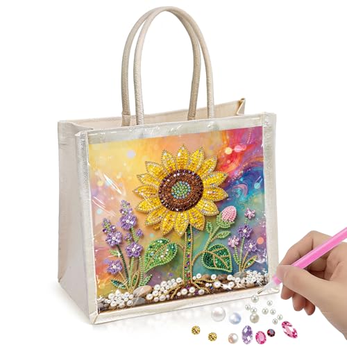 Xylzzuit DIY Pearl Painting Canvas Tote Bag Kit 11.42IN Diamond Art Handbag for Women Shopping Grocery Bag Dots Beads Art Craft Gift (Sunflower)
