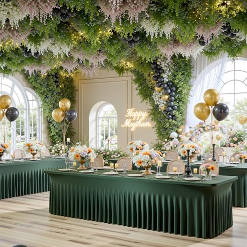Image of 3 Pack Hunter Green Spandex Tablecloth for 8 Foot Rectangle Tables, Wrinkle Free Fitted Table Cloth Cover 8ft Green Stretchy Tablecloths with Skirt for Parties Weddings Birthday Banquet Baby Shower