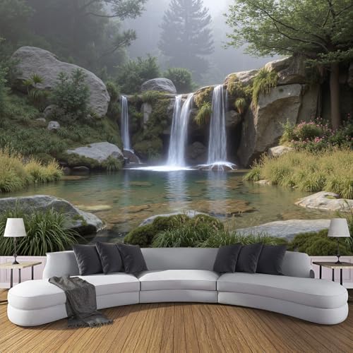 Papel Tapiz Fotográfico 3D Calcomanías De Pared, Patrón De Cascada De Rocas Sala De Estar Tv Fondo Mural,Paisaje De Vegetación Natural Papel Tapiz 3D Decoración Dormitorio Mural-350 × 256 cm
