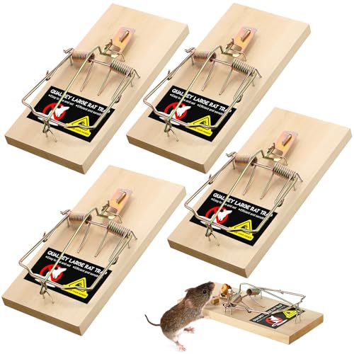 Qualirey 4 Pack Large Rat Traps Reusable Wooden Mouse Traps with Heavy Duty Double Spring Sturdy Wood Base Trampa para Ratas Trap for Rats Mice & Rodents Indoor & Outdoor Use