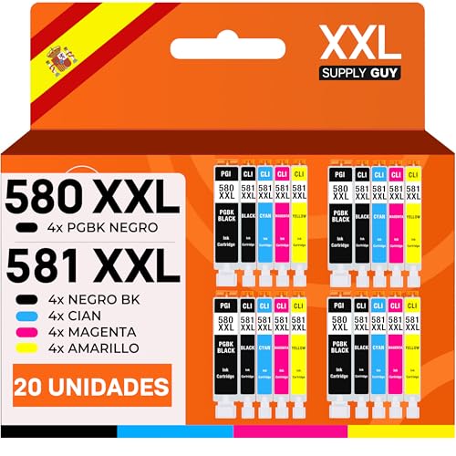 Supply Guy 580XXL 581XXL Cartuchos compatibles con Canon 580 581 XXL para Pixma TS705 TS705a TS6350 TS6350a TS6351 TS6351a TS6300 TR8550 TS9550 TR7550 Multipack 20 Cartuchos de Tinta PGI 580 CLI 581