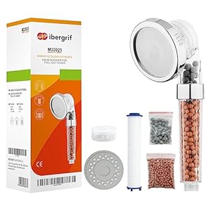 Ibergrif M22025 Douchekop met kralenfilter, 3 modi douchekopfilter, universele harde waterontharder, douchekop met extra vervangbare accessoires