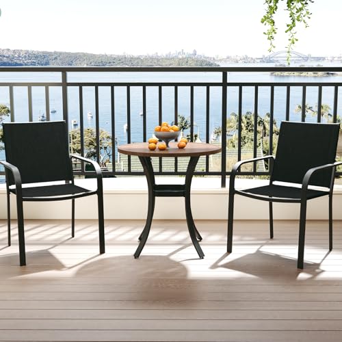Image of Anmutig Outdoor Bistro Set for 2, Stackable Chairs & Metal Table, Black | Weather-Resistant Textilene, Black Powder-Coated Steel Frame, Storage Shelf, Easy Assembly, Balcony, Deck, Poolside Use