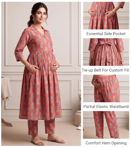 Image of DUMMY SHAPE Maternity Dresses for Women Cotton | Floral Kurta Pant Dupatta Set with Nursing Zippers, Side Pocket | Pre & Post Pregnancy | Feeding Kurti Suit | Baby Shower | Gifts for Pregnant Woman