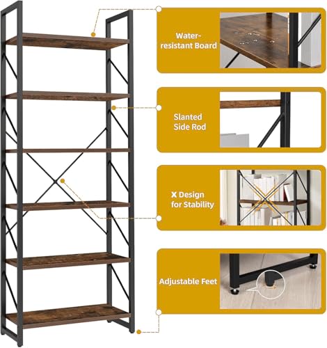 DWVO Industrial Book Shelf 6 Tier Bookshelf Tall Bookcase, Open Display Storage Rack Shelves for Living Room/Bedroom/Home/Office/Kitchen, Rustic Brown