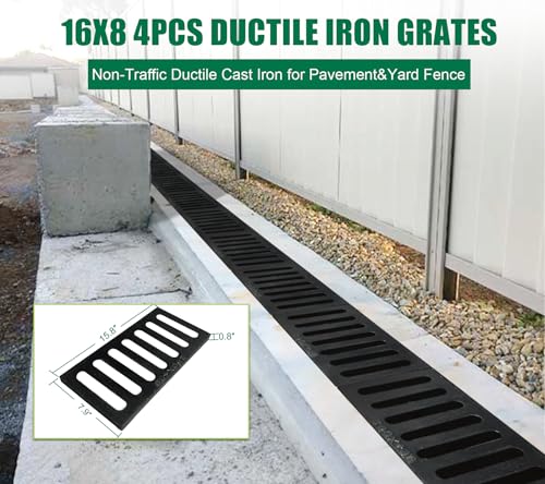 Image of Pedestrian 4 Pack 16x8in Ductile Iron Trench Drain Grate | Durable Metal Anti Corrosion A15 Cast Iron Channel Outdoor Channel Drainage Cover Downspout Sewer Yard Fence Basement