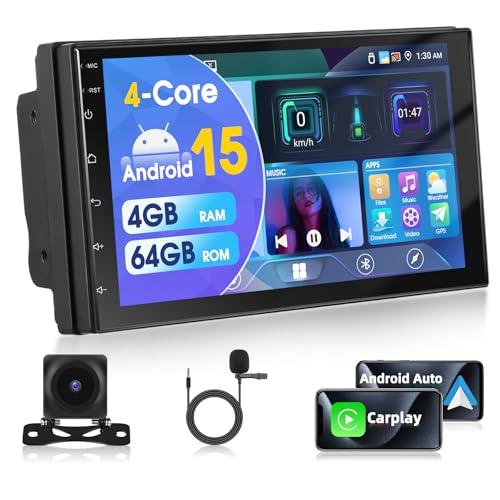 Autorradio Estéreo 2 DIN Motorsi [4+64 GB] con Android 15.0, Pantalla Táctil HD de 7 Pulgadas, Bluetooth 5.0, GPS, WiFi, FM, RDS, EQ, Doble USB y AHD, Cámara y Micrófono