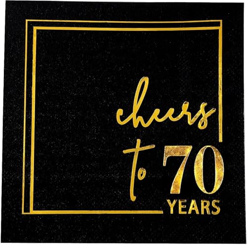 Cheers to Years Cocktail Napkins - 50 PK - 3-Ply Birthday Napkins 5x5 Inches Disposable Party Napkins Beverage Paper Napkins or Birthday Decorations Wedding Anniversary Black and Gold (70 Years)