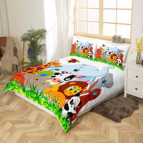 Animals Duvet Cover Twin, Kids Funny Cartoon Bedding Set Boys Girls Teen Comforter Cover Colorful Jungle Animal Lion Panda Sloth Elephant Giraffe Cow Peacock Elk Tree Leaf Zoo Party Decor Bedding #TOP1