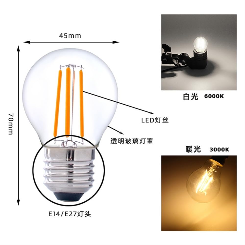 HongHeFu, Paquete de 24, lámpara de filamento LED G45 AC220V 4W/6W Edison Retro personalidad creativa bombilla Led luz decorativa(Warm White 3000K,E27-4W)