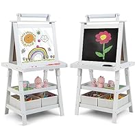 COSTWAY 3 in 1 Kids Art Easel, Double-Sided Blackboard and Magnetic Whiteboard Easels with Paper Roll, Storage Boxes & Racks, Children Educational Toys Gift (White)