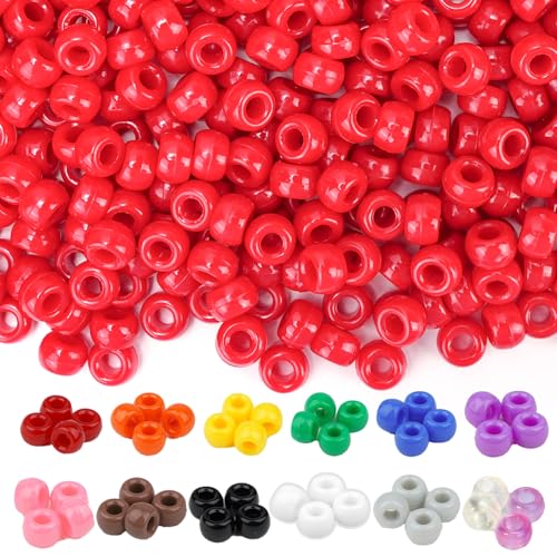 Dowsabel Red Pony Beads Bulk 1000 Pcs 6x9mm Large Hole Kandi Hair Beads for Braids Bracelets DIY Friendship Bracelets Necklaces Jewelry Making Crafts and Gifts