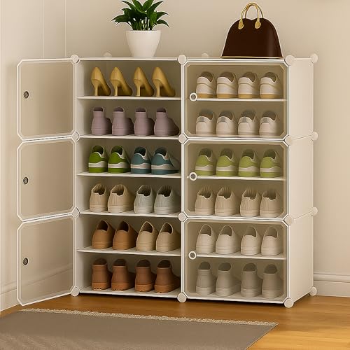 Image of Zemic Multiuse Modular Plastic Shoe Rack for Home with Door | 𝟏𝟐 𝐒𝐡𝐞𝐥𝐟 Stackable Organizer | Waterproof & Dustproof | Space Saving Storage for Home, Bedroom & Entryway【White, 6-Door-12-Shelf】