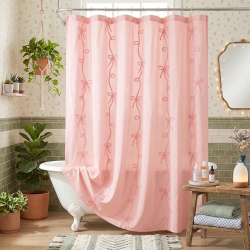 Seasonwood Pink Bow Shower Curtain Cute Cording Bow Embroidery Shower Curtain Pretty Girly Shower Curtains for Bathroom Aesthetic Bathroom Decor(Pink 72x72 Inches)