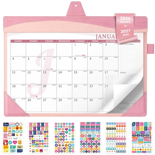 Ospelelf Desk Calendar 2026-2027 with Storage Pocket Protective Cover Large 12x17 Leather Monthly Wall Planner Pad 18 Months January 2026 - June 2027 Pink