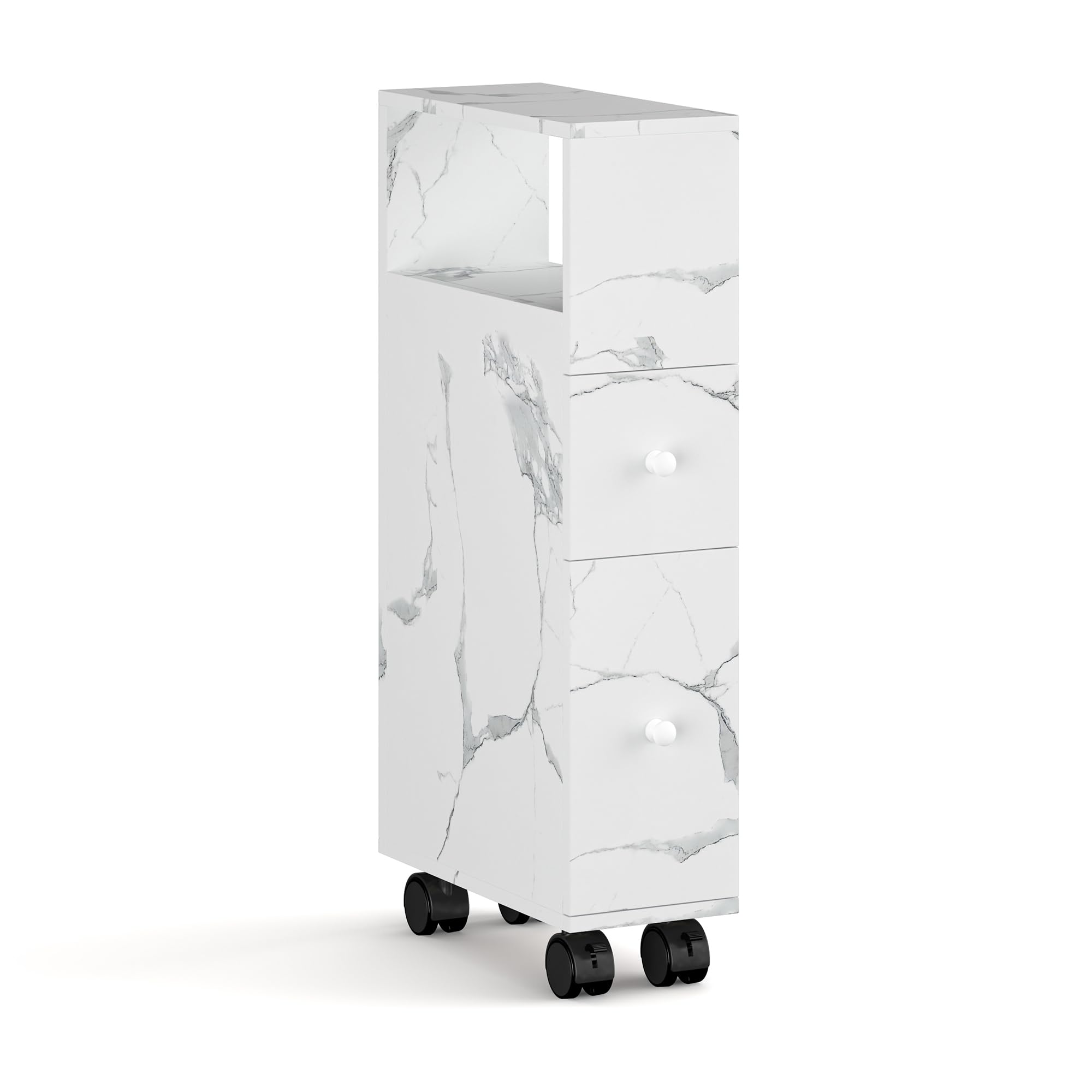 [en.casa] Mobile da Bagno Stretto a Rotelle con 2 Cassetti e Scomparto Aperto Armadietto Estraibile Multiuso per Cucina Lavanderia Ufficio 66 x 15 x 33 cm - Effetto Marmo Bianco
