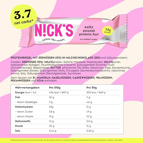N!CK'S Protein Riegel ohne Zuckerzusatz – Erdnuss Karamell – 15g Eiweiß 30% – 203 Kalorien – Low Carb Keto Proteinriegel mit Ballaststoffen & Kollagen – Glutenfrei, Gesunde Snack ohne Palmöl 12x50g 2