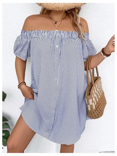Image of Floerns Women's Plus Size Striped Off Shoulder Short Sleeve Button Tunic Dress