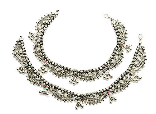 Anklets for Women | Boho Barefoot Sandals Ankle Bracelet Set | Handmade Soldered German Silver Layered Chain Bell Tassel Charm Fringe Novelty Fashion Jewelry | Premium Ethnic Traditional Indian Payal