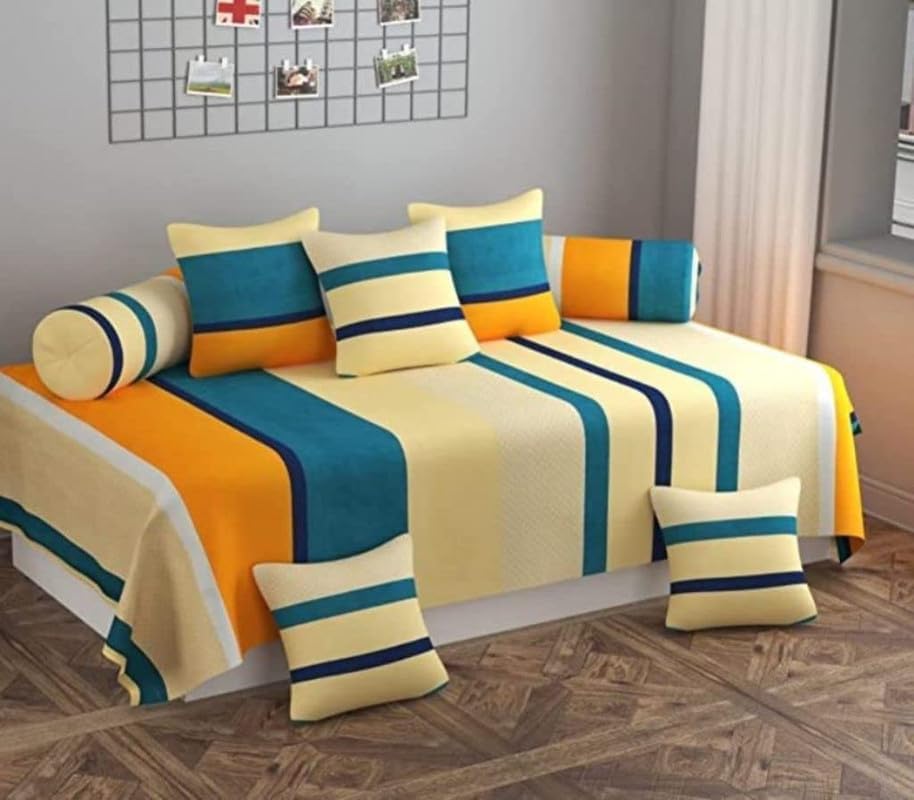 Vaini Heavy Cotton 8 Pieces Diwan Set |1 Single Bedsheet, 2 Bolster Covers, 5 Cushion Covers | - Yellow Stripe-picture-19