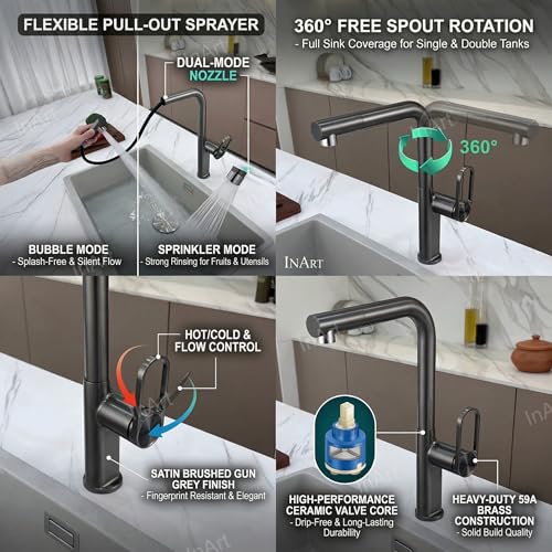 Image of INART Luxury Pull-Out Kitchen Faucet - Brass Mixer Tap with Dual Flow Modes, 360 Rotation & Hot /Cold Water Control | Gun Grey