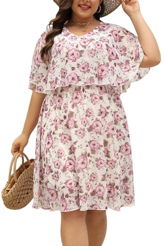 Image of Keluummi Plus Size Wedding Guest Dress for Curvy Women, Boho Floral Empire Waist Midi with Sleeve