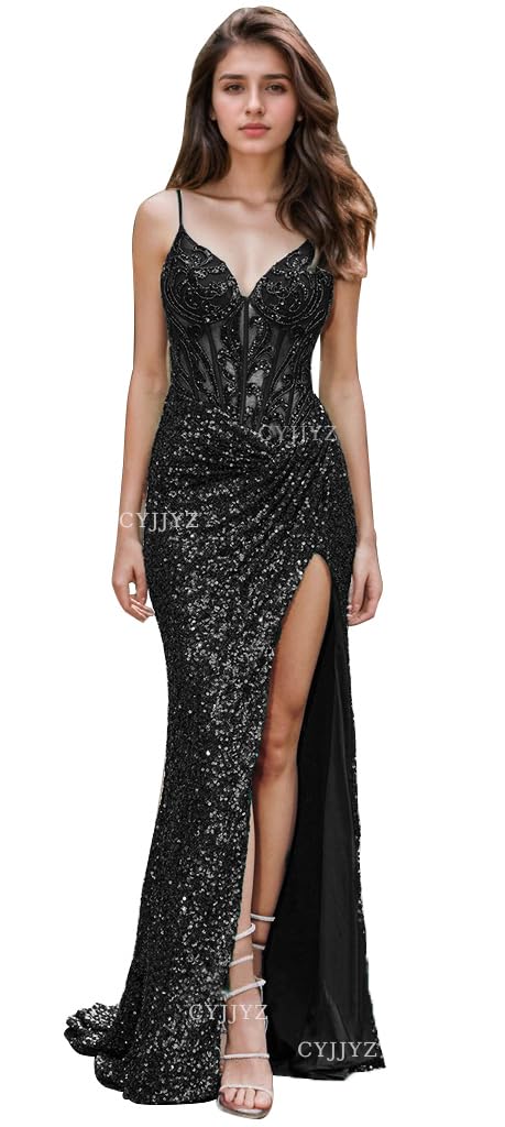 Spaghetti Strap Sequin Prom Dresses with Slit 2025 Sparkly Lace Appliques Mermaid Formal Evening Gown for Women